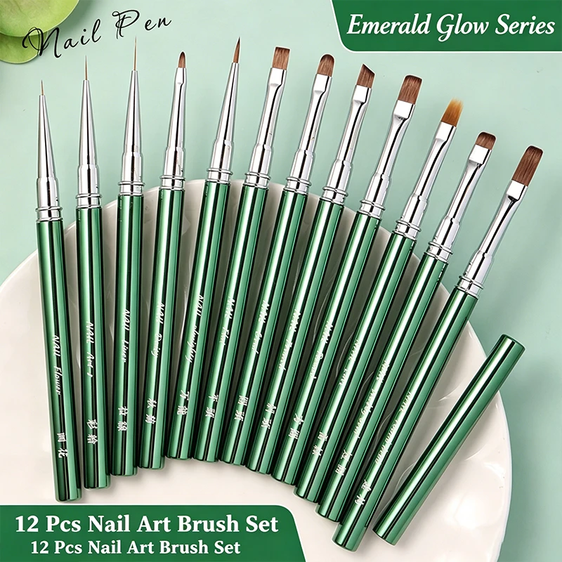 12Pcs Bright Green Electroplated Nail Art Brush Set Soft Bristle UV Gel Liner Builder Gradient Flower Salon Manicure Tools