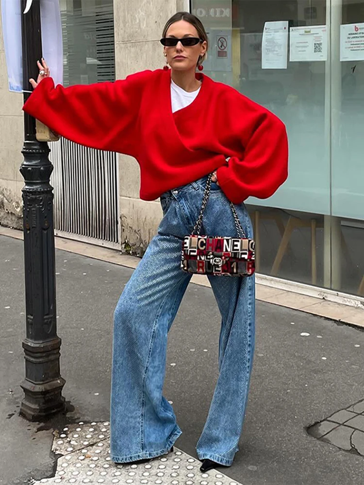 

Красный женский свободный шерстяной свитер с v-образным вырезом, куртка с длинными рукавами, вязаный пуловер, новинка 2024, осенний женский повседневный офисный трикотаж, топы