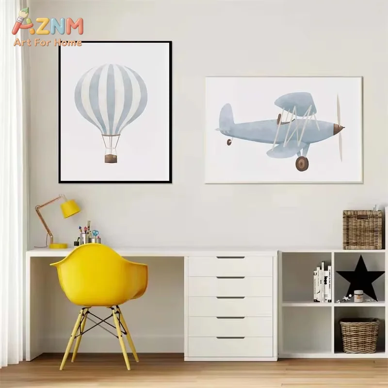 Nursery Wall Art Blue Hot Air Balloon Plane Train Prints Canvas PaintingVintage Travel Boy Nordic Bedroom Home Decor Poster