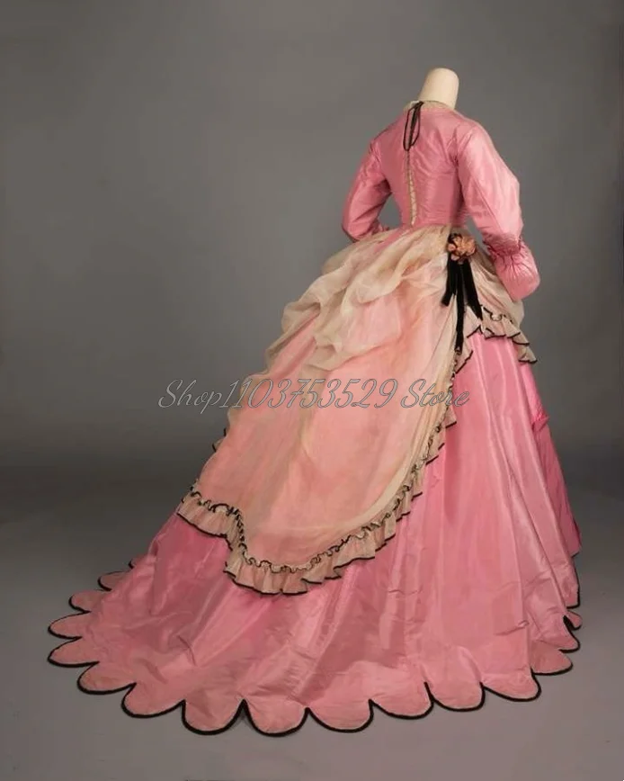 Vestido De noche clásico Rosa Medieval, Vintage victoriano, corpiño fruncido con volantes De encaje, 1860