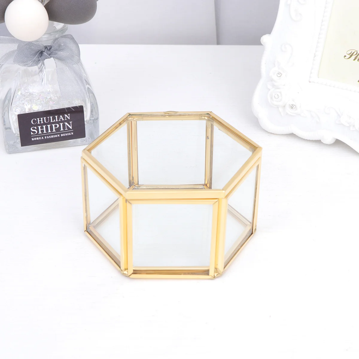 

Mini Hexagonal Jewelry Box Brass Gold Durable Simple Chic Ring Storage Organizer for Wedding Party Engagement Valentine Gift