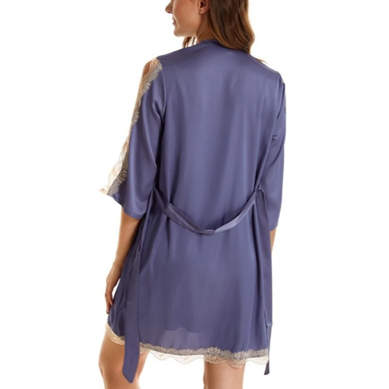 Krismile Sexy Two Piece Robe Sets 2025 Spring Summer Detachable Bra Pads Hollow Lace Nightdress Satin Robes with Belt Sleepwear