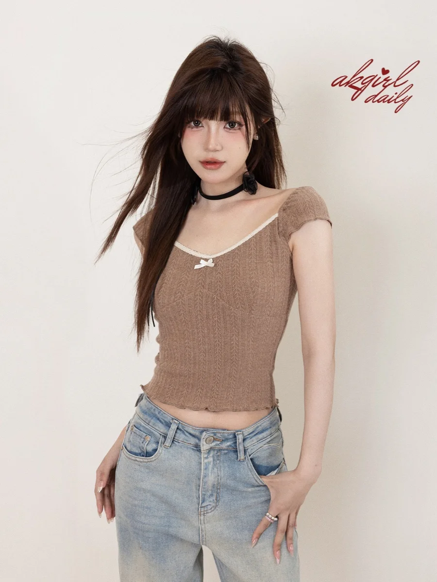 

Spring Summer New Sle Women's Slim Fit ort Sve T-irt V-Ne Knitted Patchwork Fly Sve Faionable Cool Sle Top