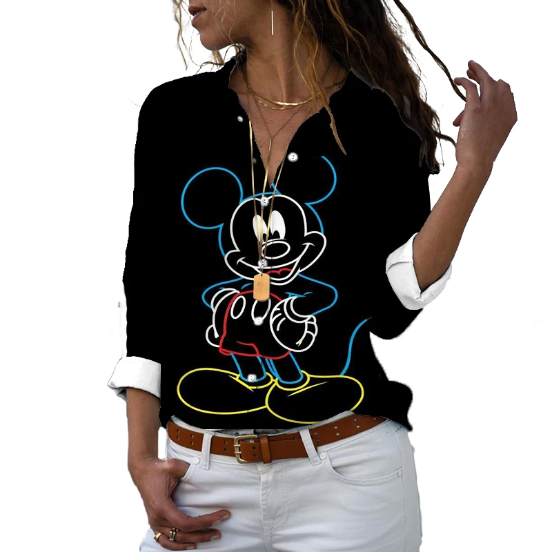 New 2022 Disney Brand Harajuku Slim Fit 3D Print Women Button Long Sleeve Lapel Mickey Minnie Casual Cute Shirt y2k