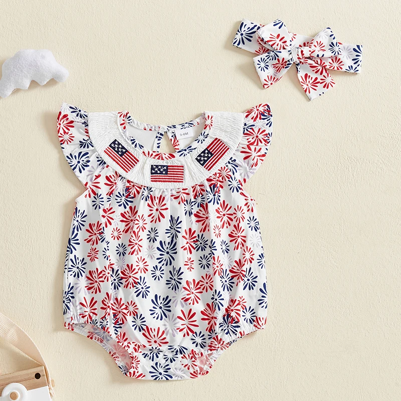 4th of July Newborn Romper for Girls Clothes Firework American Flag Smocked Fly Sleeve Newborn Bodysuit with Headband Summer Set