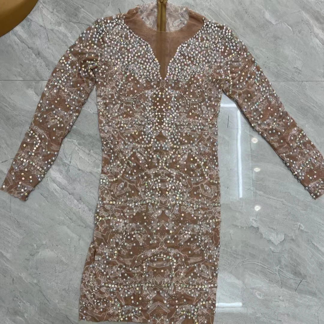 Tenghuafeiniao Krótka Sukienka z Błyszczącymi Cyrkoniami i Perłami na Festiwal, Imprezę, Siateczkowa Sukienka Wieczorowa, Seksowna Sukienka na Bal Maturalny, Couture