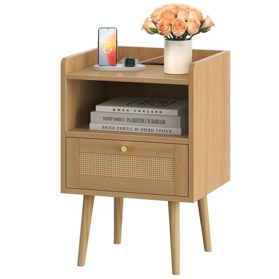 

Night Stand with Charging Station, Rattan End Tables, Bed Side Tables, Wood Nightstands for Small Space Farmhouse Kids Room Bed