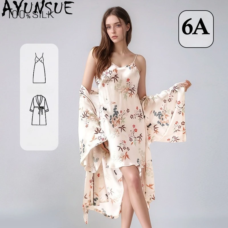 

AYUNSUE 100% шелковые халаты из тутового шелкопряда для женщин, комплект из 2 предметов: ночная сорочка и халат, весна-лето 2026, одежда для сна, халат женский