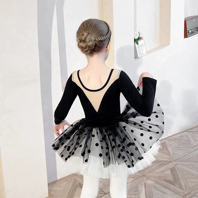 Ballet Dress Kids Gymnastics Dance Leotard Dot Tutu Skirts Mesh Black Pink Leotard Dancewear Professional Ballerina Show Costume