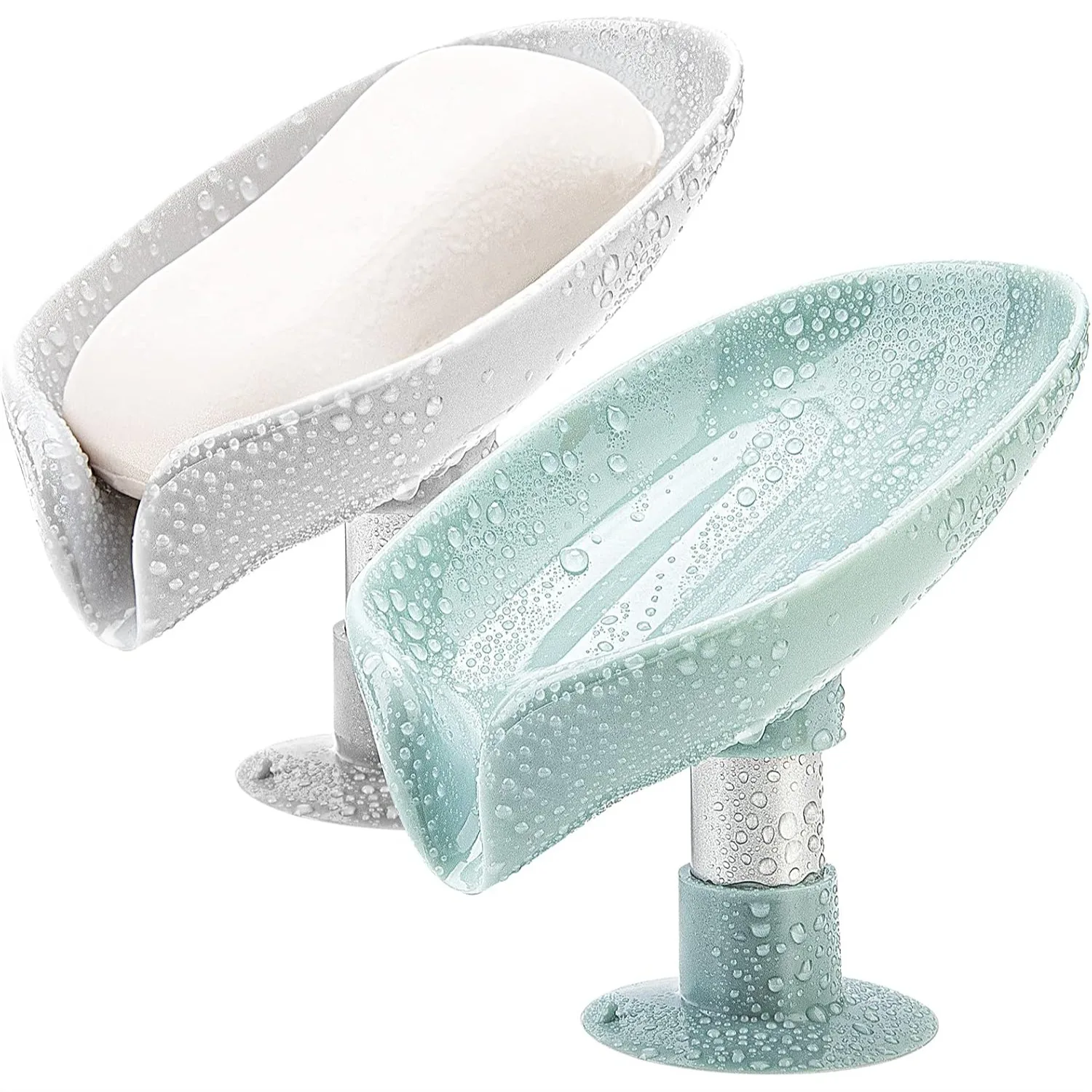 

2Pack Soap Holder Leaf-Shape Self Draining Soap Dish with Suction Cup for Shower Bathroom Kitchen Sink Grey Green