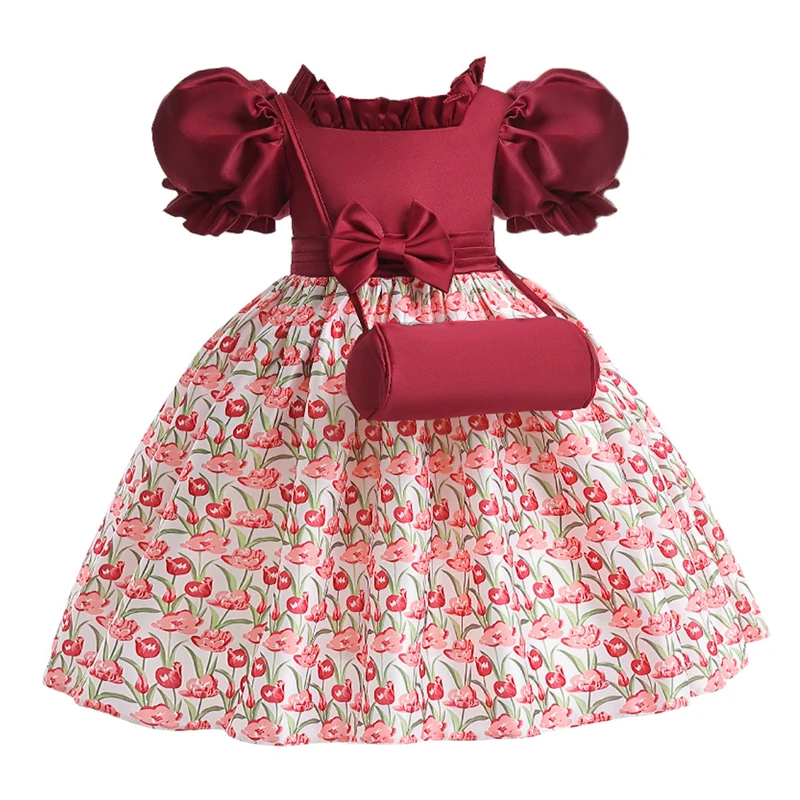 Summer Girls Dress With Bag Elegant Kid Floral Print Princess Party Dresses For Girl Children Costume Birthday Wedding Prom Gown