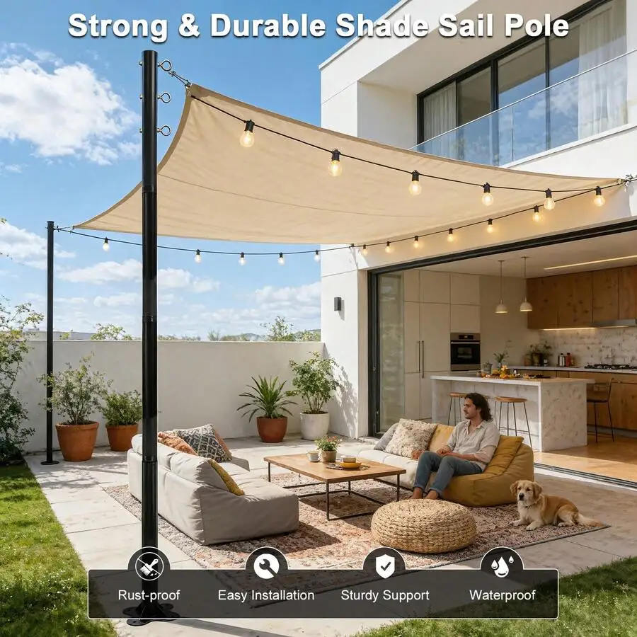 2 Pack 12ft Heavy Duty Shade Sail Poles(Not Including Shade Sail And String Lights)  With Spiral Anchor & D-Clamps, Outdoor Sun Shade Support Poles For String Lights, Patio, Backyard, Garden, Lawn, Terrace, Camping And Outdoor Decoration