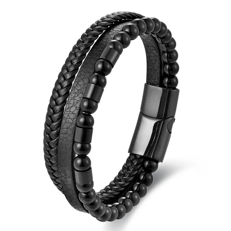 Black Leather Braided Bracelet for Men Double Layer Stainless Steel Clasp Handmade Multi Layer Cowhide Wristband Punk Jewelry