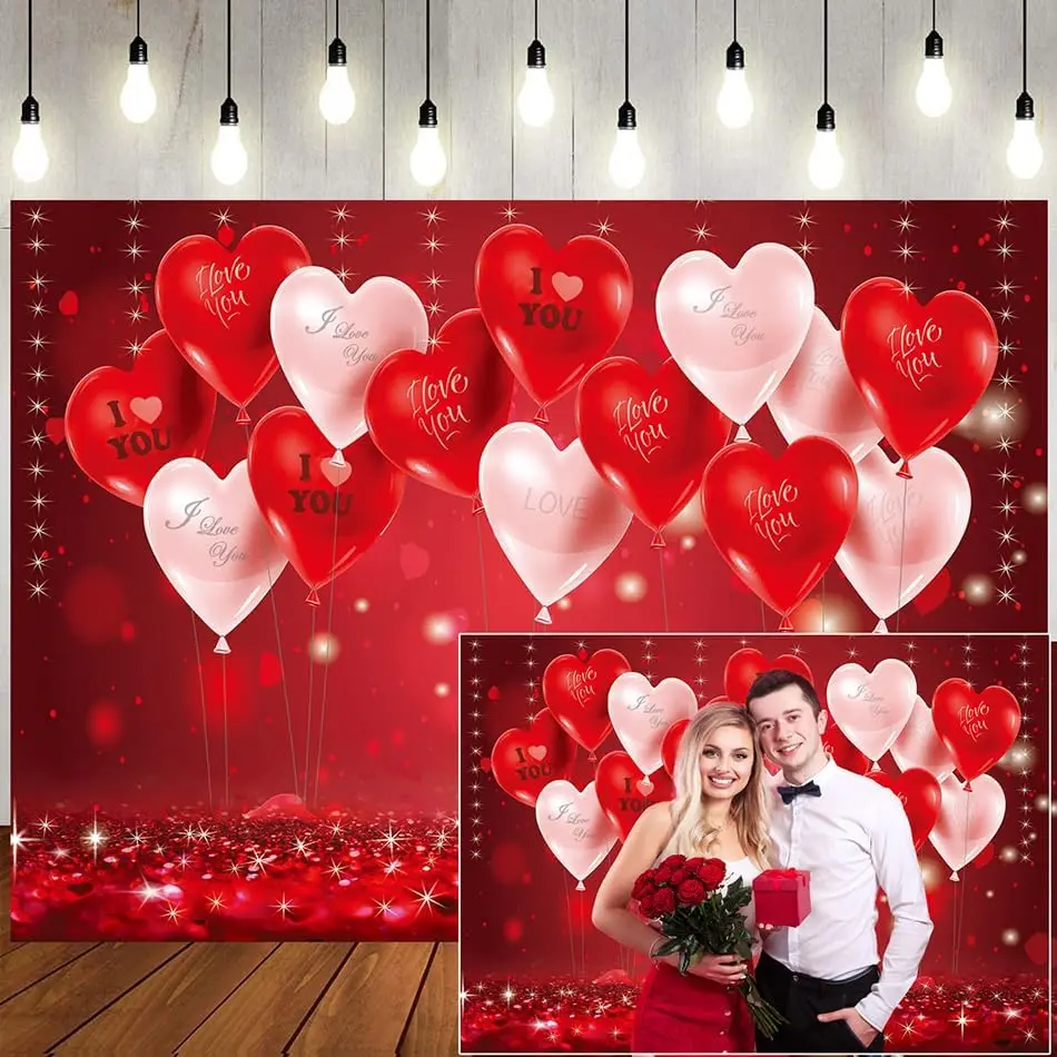 Valentine's Day Backdrop Valentine's Day Red Love Heart Balloon Decor Banner Background Valentines Photo Backdrop Party