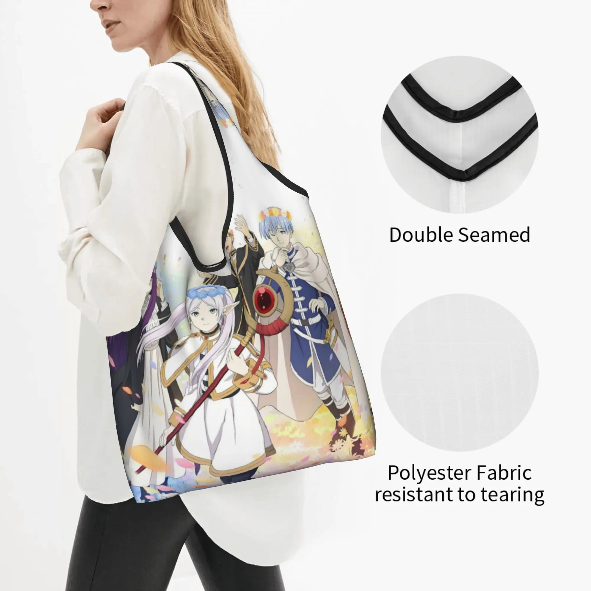 Frieren Beyond Journey's End  Groceries Shopping Bag Custom Shopper Shoulder Tote Bags  Portable Japane Anime Manga  Handbag