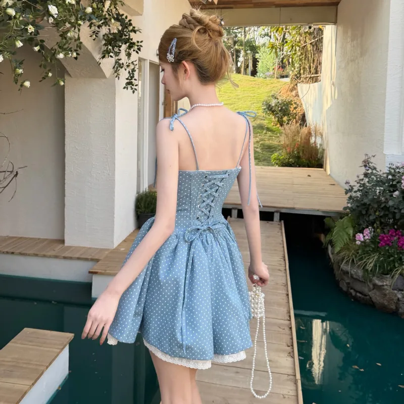 ANJY Summer New Women French Style Sexy Polka Dot Floral Sleeveless Strap Dress Lace Patchwork Pleated A-Line Ins Dresses A23944