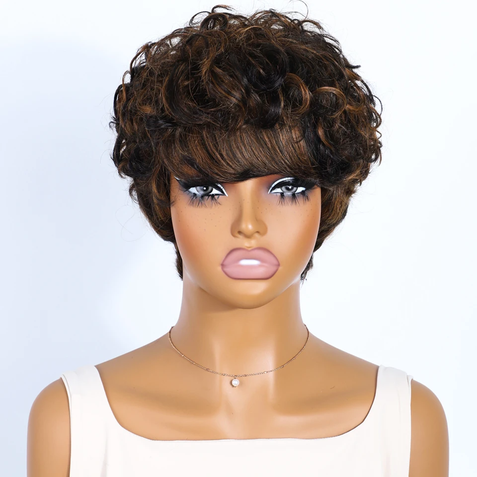 

Sleek Short Human Hair Wigs For Women P1B/30 Highlight Colored Pixie Cut Brazilian Hair Wigs 100% Real Ready To Wear Curly Wigs