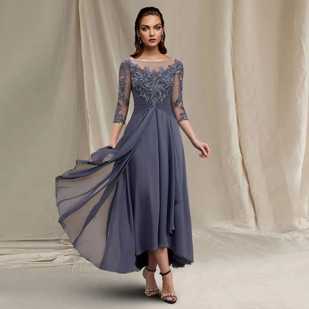 Chiffon Mother of the Bride Dress 2023 Lace Applique A-Line Wedding Guest Gowns Tea-Length Elegant Dress Women For Wedding Party