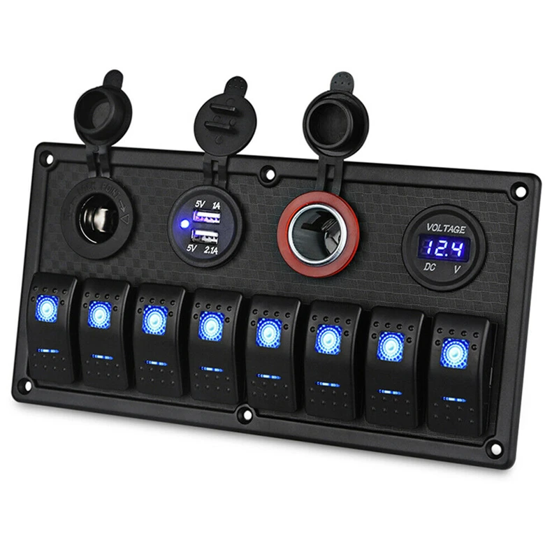 8 Gang Toggle Rocker Switch Panel For RV Truck Marine Boat Dual USB Port Digital Voltmeter Circuit Breaker 12V