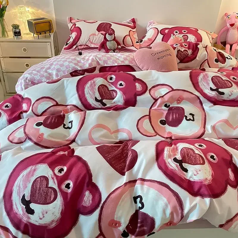 

Cute Simplicity Bear Bedding Set Full Size Queen Double Single Duvet Cover With Pillowcase Sheet Fluffy Printed Comfort Sets