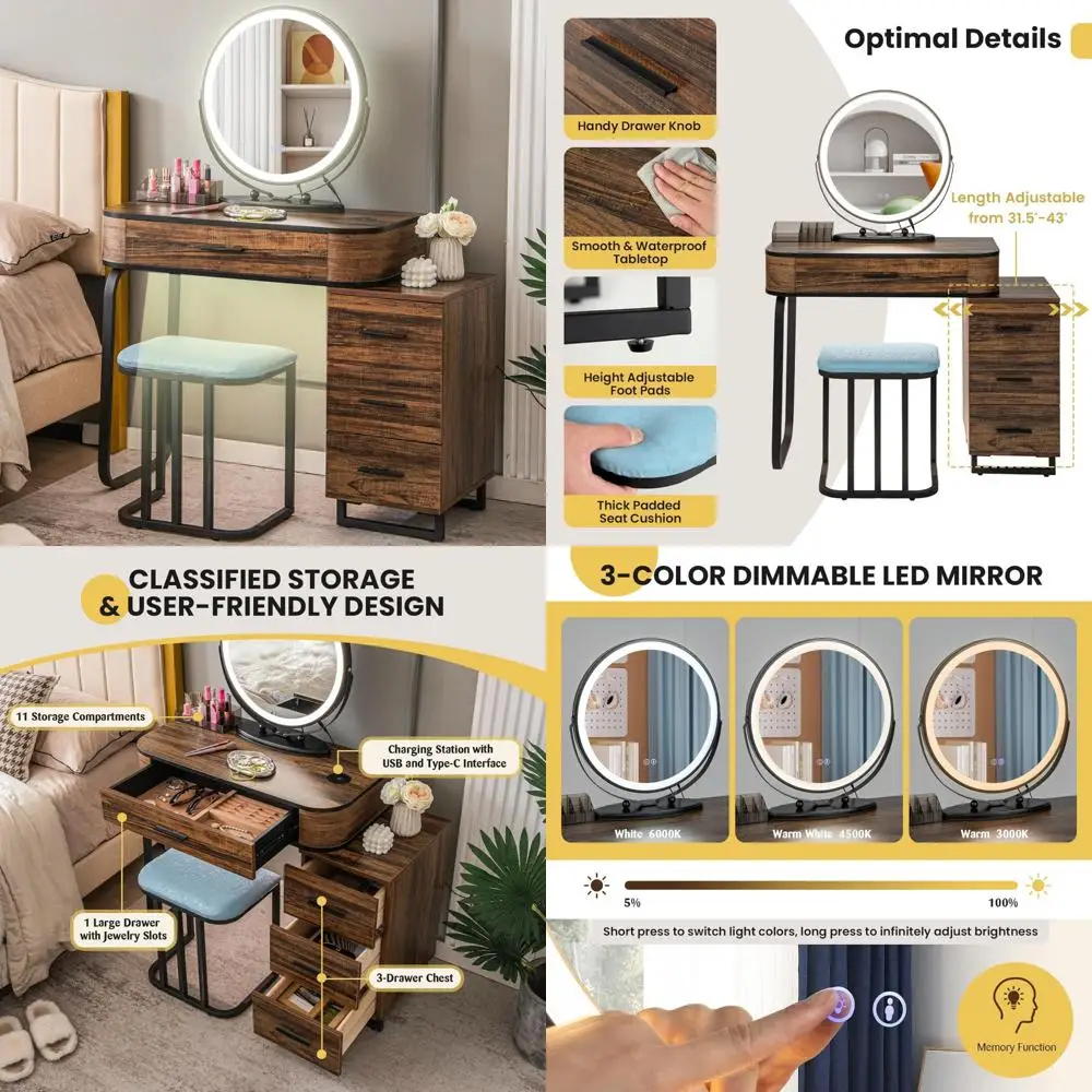 Makeup Vanity Table with 3-Color Lighted Mirror, Adjustable Brightness, Charging Station, Storage for Beauty Essentials