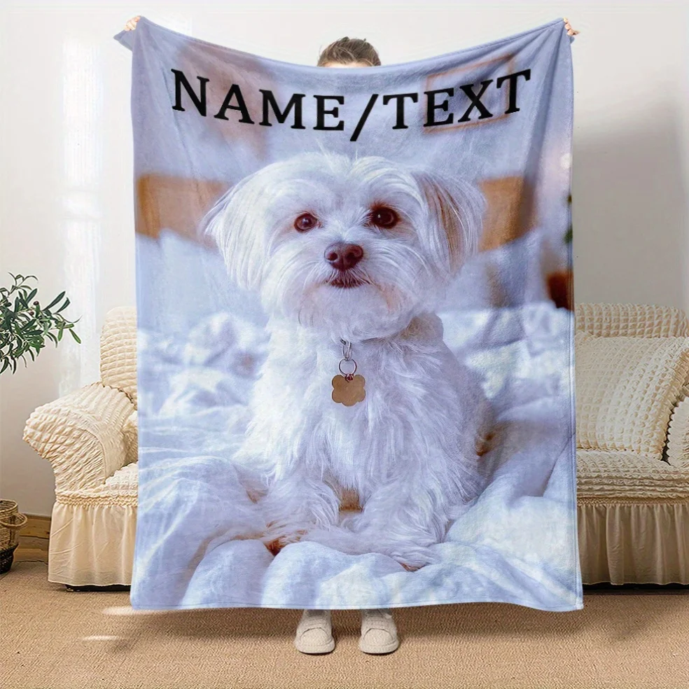 Customizable White Maltese Dog Print Flannel Blanket - Soft Warm Lightweight Throw for Sofa, Bed, Office, Couch, Chair, Camping,