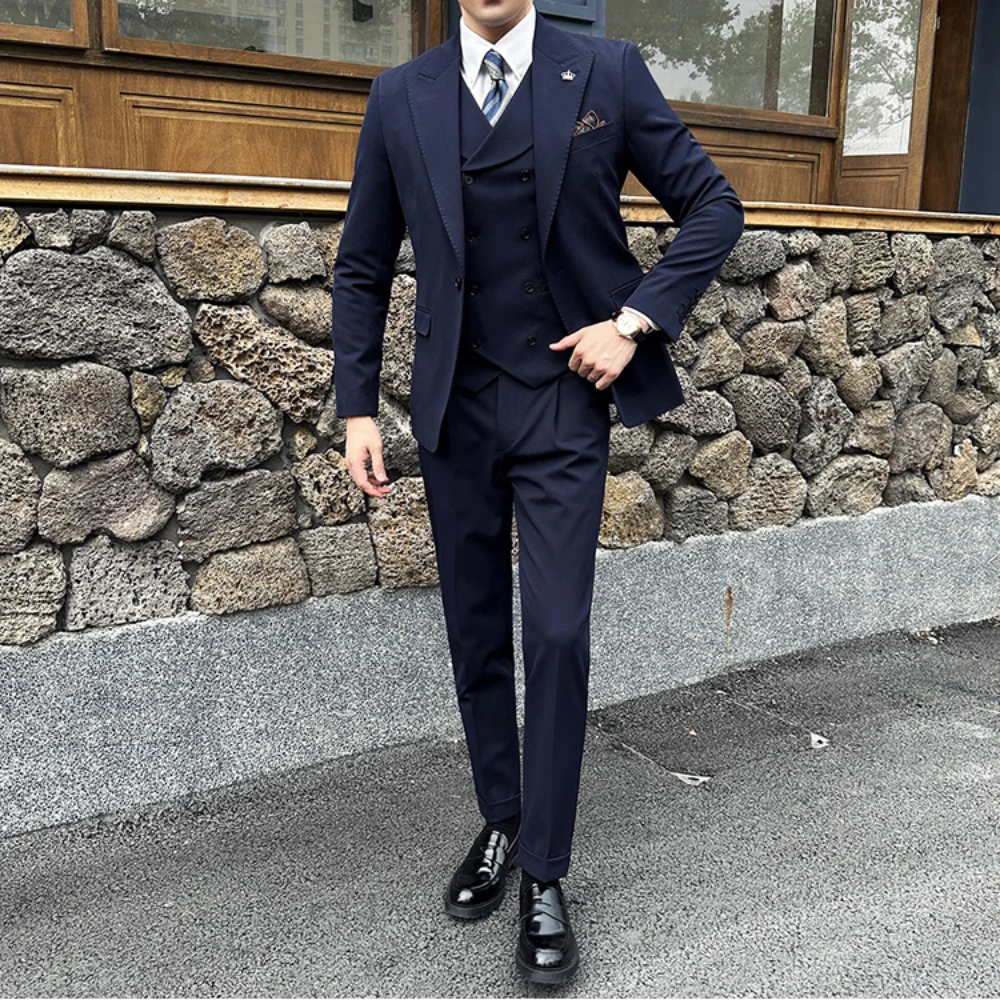 

Men Slim Fit Party Tuxedos 3 Pieces High Quality Fashion Double Breasted Vest Design Party Wedding Dress (Jackets+Pants+Vest)