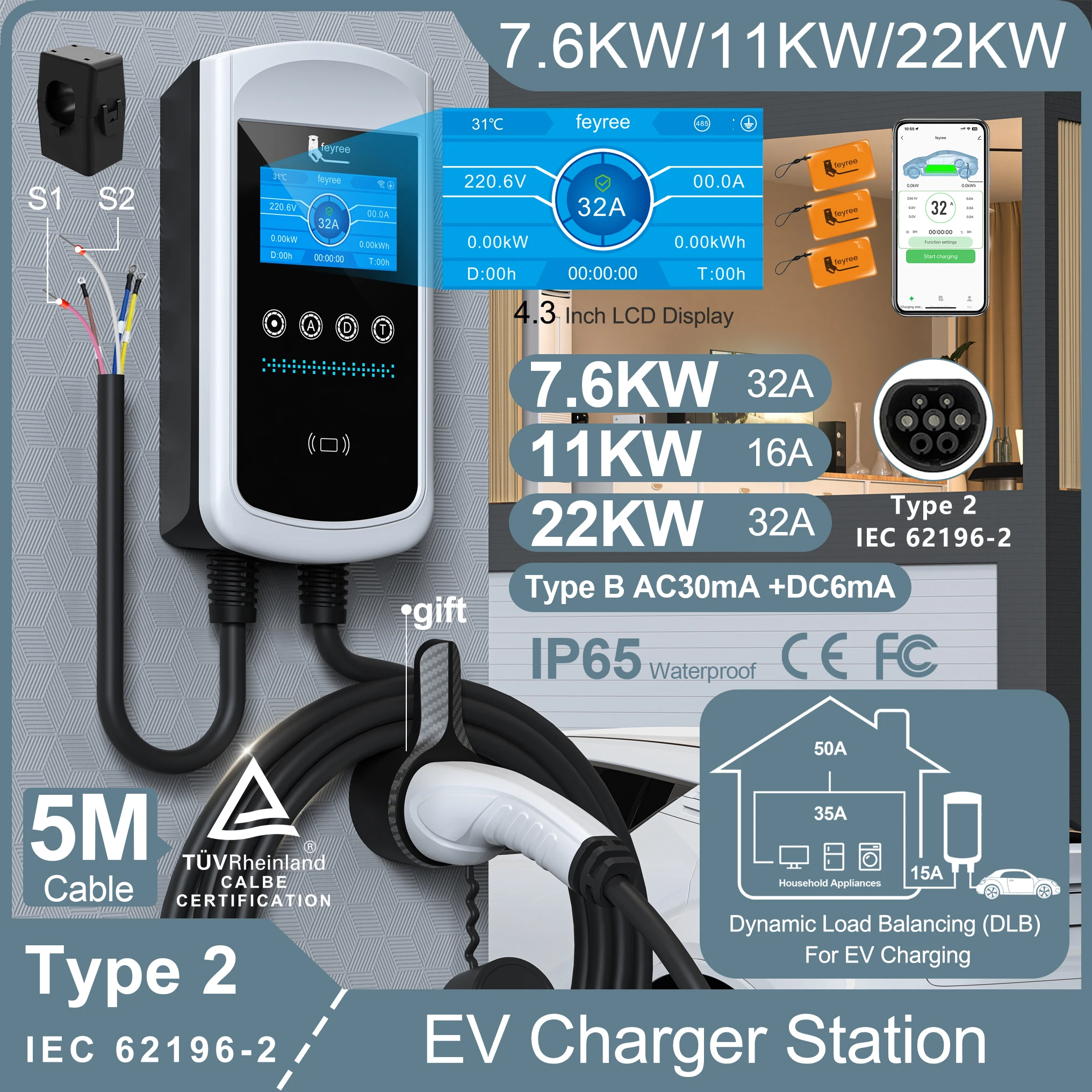 Feyree Type2 Зарядное устройство для электромобилей 4,3-дюймовый экран 32A 7,6 кВт с динамической загрузкой, 11 кВт, 22 кВт, 3-фазное приложение EVSE Wallbox с историей заряда