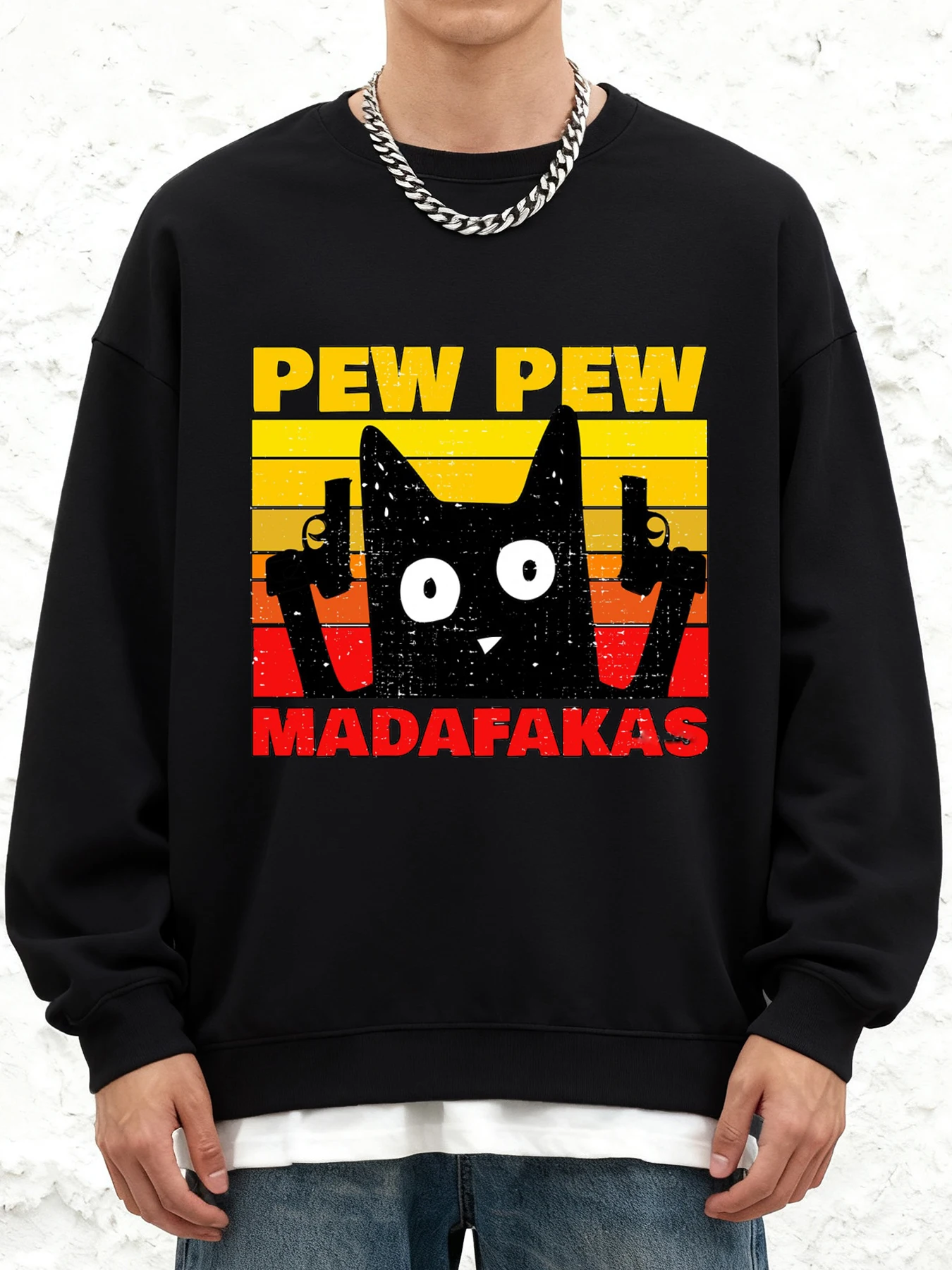 

Забавный мужской свитшот Pew Pew Madafaka Cat Pattern, мягкая спортивная одежда с круглым вырезом, универсальный пуловер большого размера, повседневная одежда в стиле хип-хоп