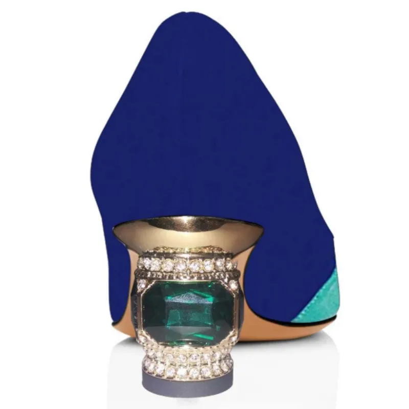 

DIZHUANG Sexy women's high heels. About 5.5 cm heel height. Multi colored suede patchwork single shoe. Crystal heel. Pointed toe
