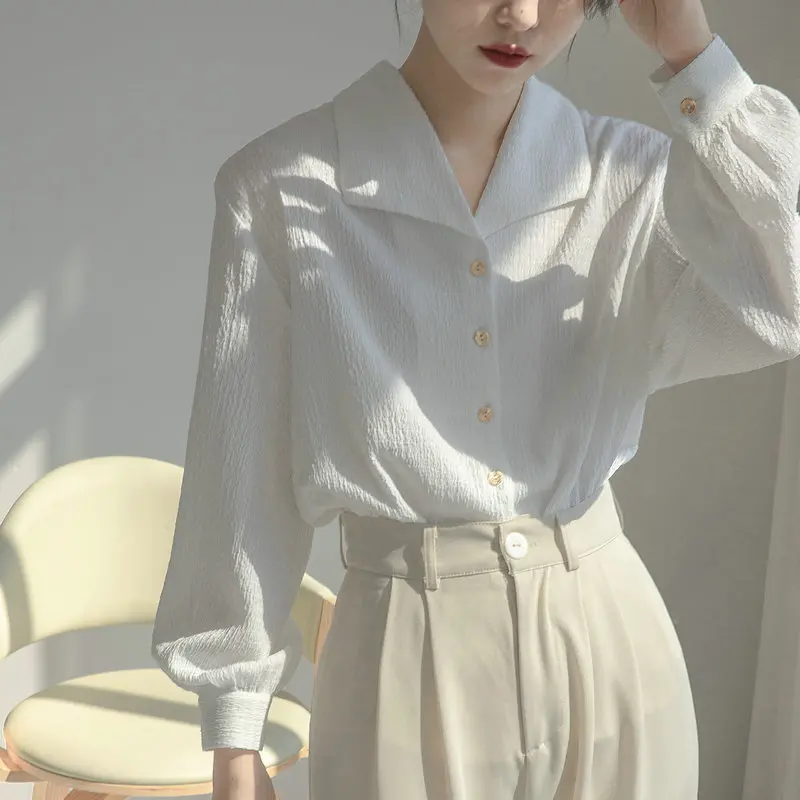 

Vintage French Blouse Women 2024 Spring Casual Long Sleeve Turn-down Collar Shirt Korean Loose Top Lady Elegant Business Clothes