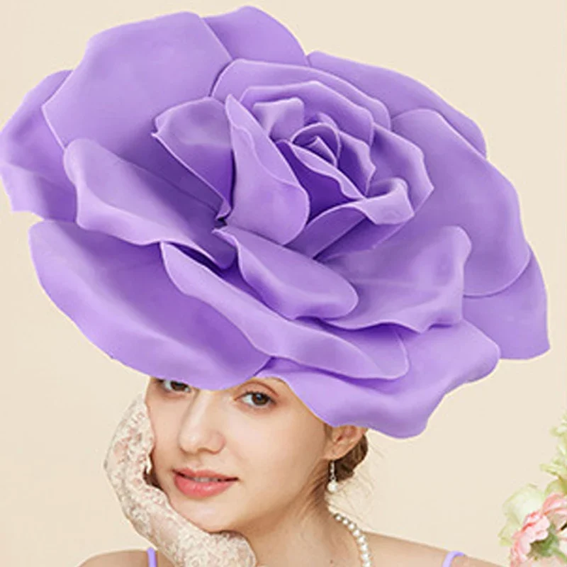 Fashion Large Rose Flowers Fascinator Hat Foam Women Exaggerated Big Flower Headbands Wedding Bridal Party Hair Accessories