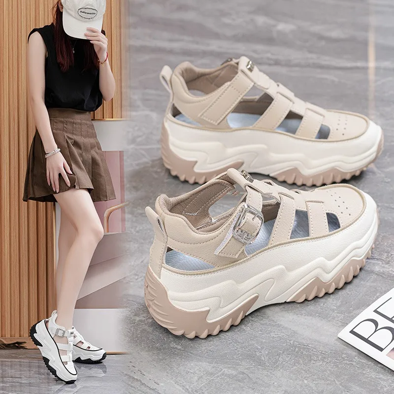 

4CM High Platform Sandals for Womens Outdoor Comfortable Breathable Thick Sole Casual Shoes for Womens Trend Pu Leather Sandals