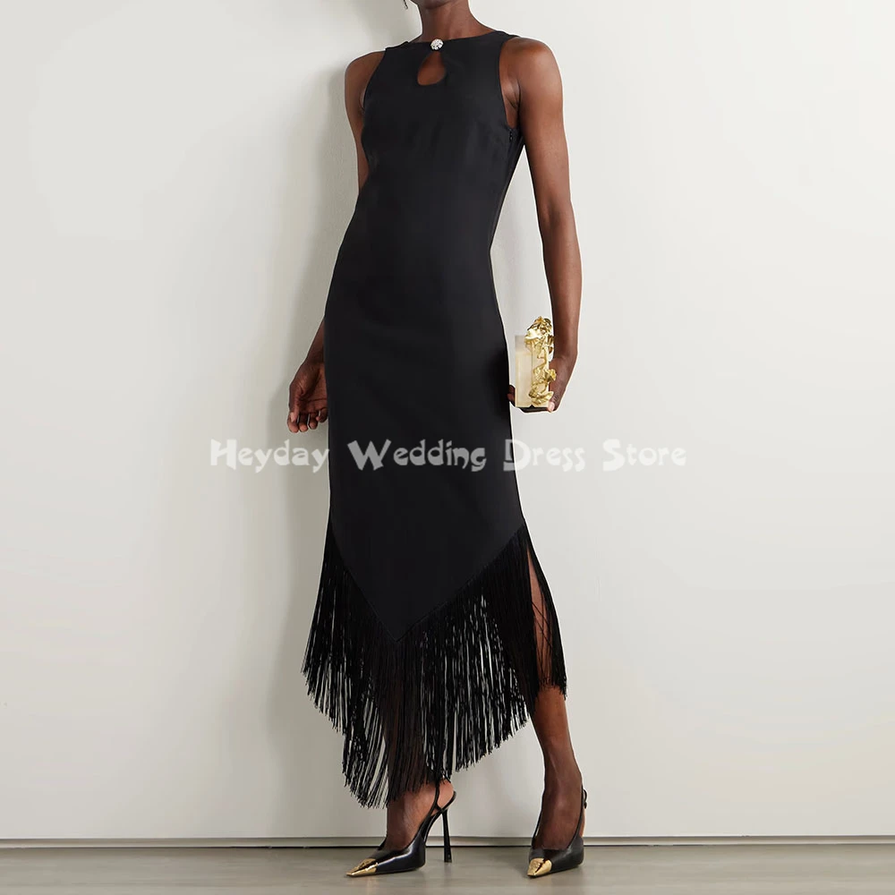 

Heyday Customized Women's O-Neck Straight Tassel Saudi Evening Dresses With Sleeveless Tea-Length Elegant Party Dresses 2025