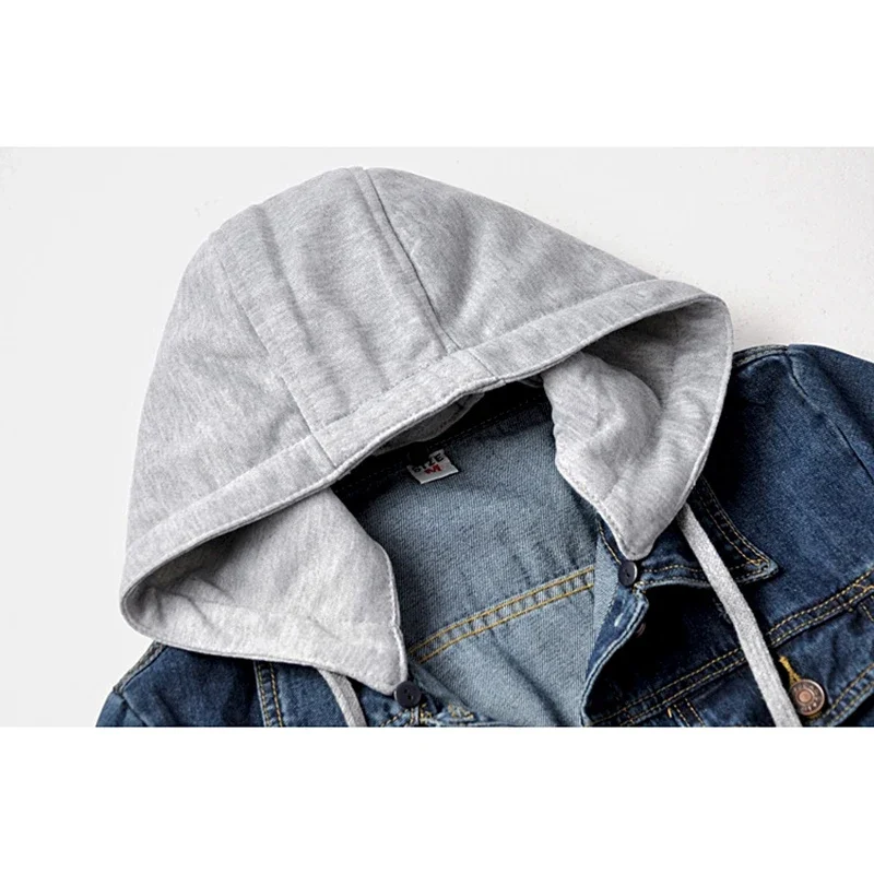 Giacca di jeans a maniche lunghe con tasca staccabile con cappuccio Giacca da donna slim corta da cowboy Capispalla Autunno Vintage Giacca di jeans blu Cappotto femminile