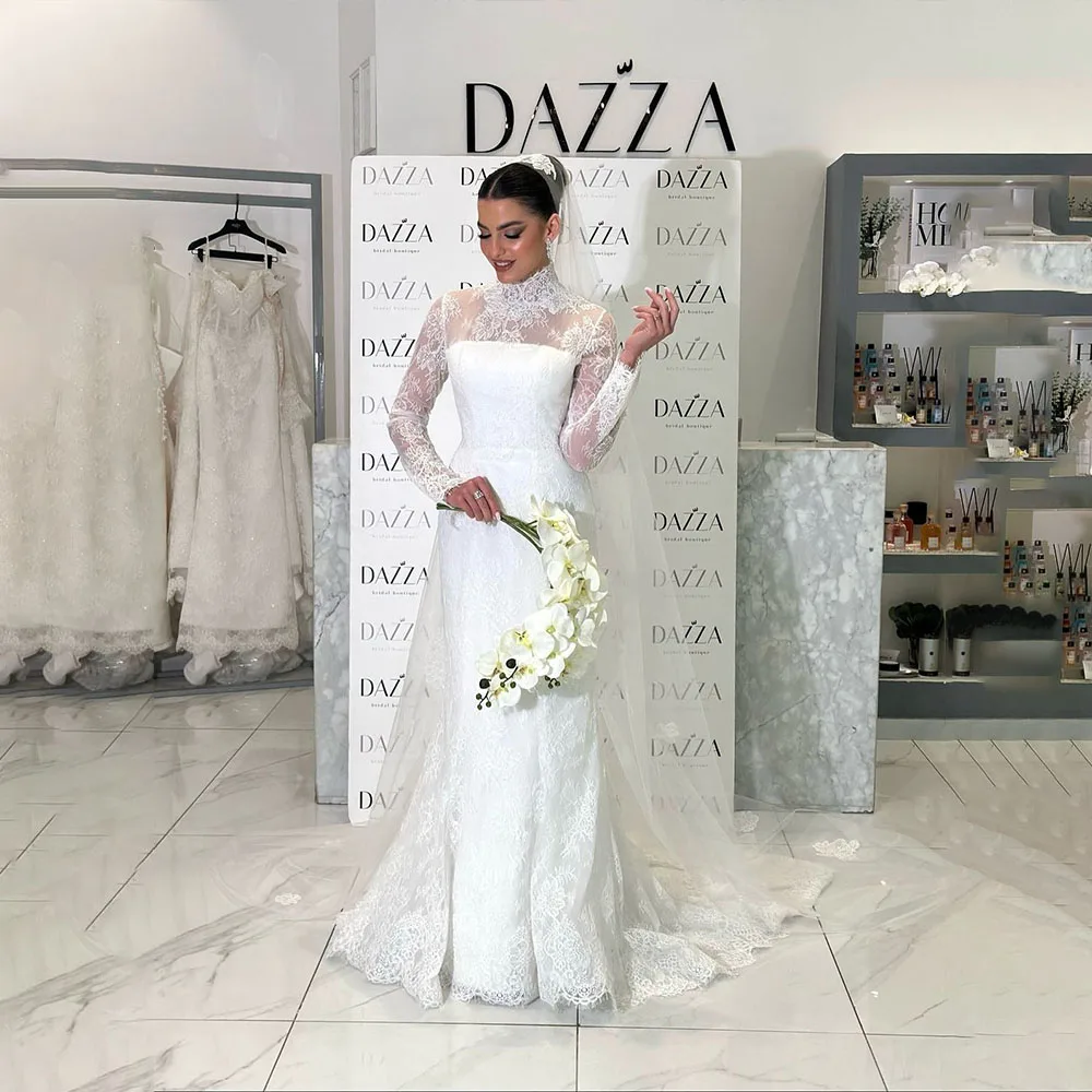 

Lace Weddings Dresses with High Neck Long Sleeves Sweep Train Mermaid Bride Dress for Women White Garden Bridal Gown Customized