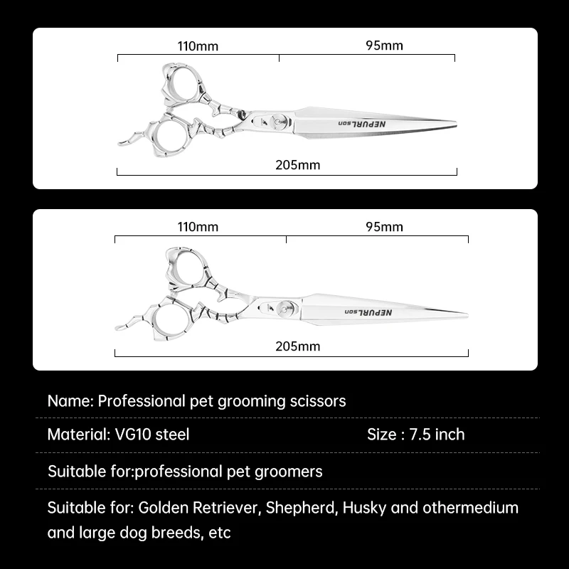 Imagem -03 - Aço 7.5 Polegada Profissional Pet Tesoura para Cão Grooming Corte Grande Rápida Guarnição Reta Curvada Tesouras de Alta Qualidade Vg10