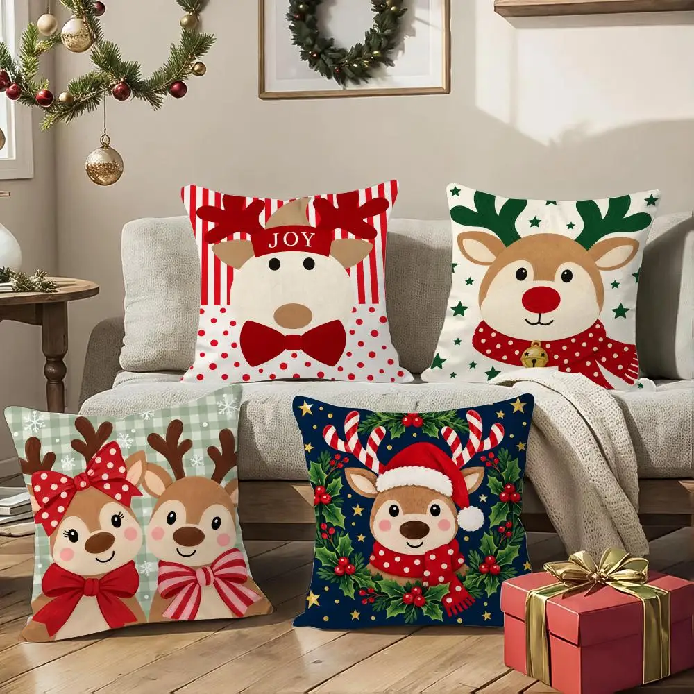 Joy Reindeer Cushion Cover 1/4Pcs Soft Plush Cushion Case Throw Pillowcase Cozy Home Sofa Bed Living Room Decor