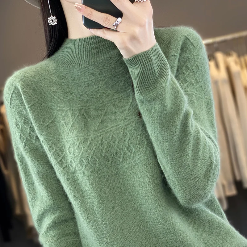 New 100% Cashmere Sweater Women's Mock Neck Pullover Long Sleeve Loose Fashion Cashmere Sweater Women's Autumn And Winter