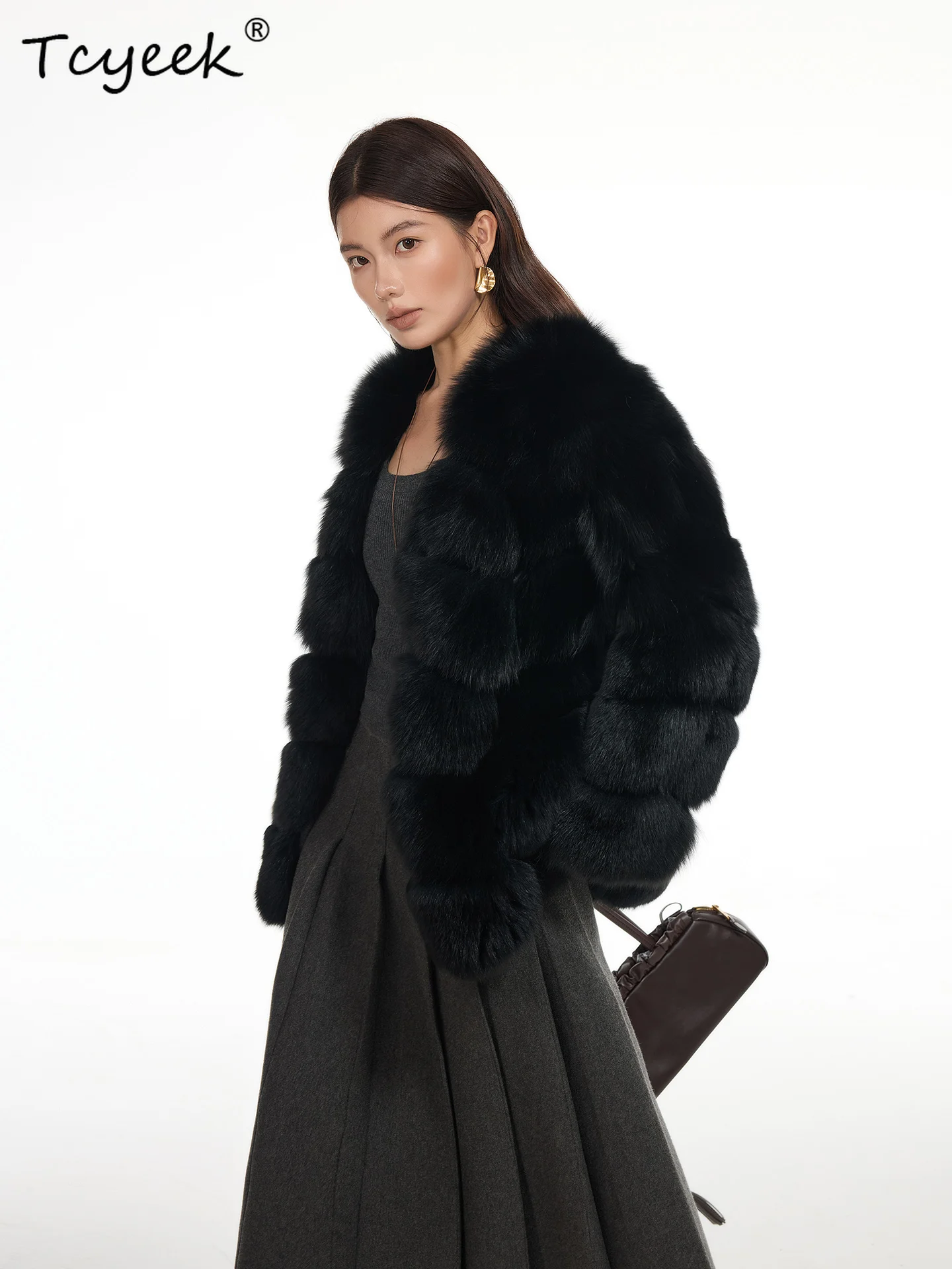 Tcyeek Wool Autumn Winter High End Trendy V-neck Black Fox Fur Medium Long Women's Wool Shearling Fur Coat Fourrures Femme