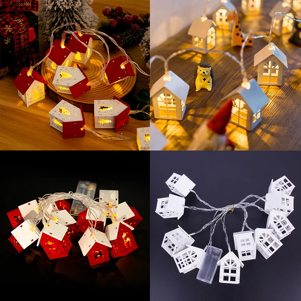 Cute Christmas Wooden House Shaped String Lights Wood House LED Fairy Lamp Xmas Tree Hanging Lights for Christmas Home Noel 2024