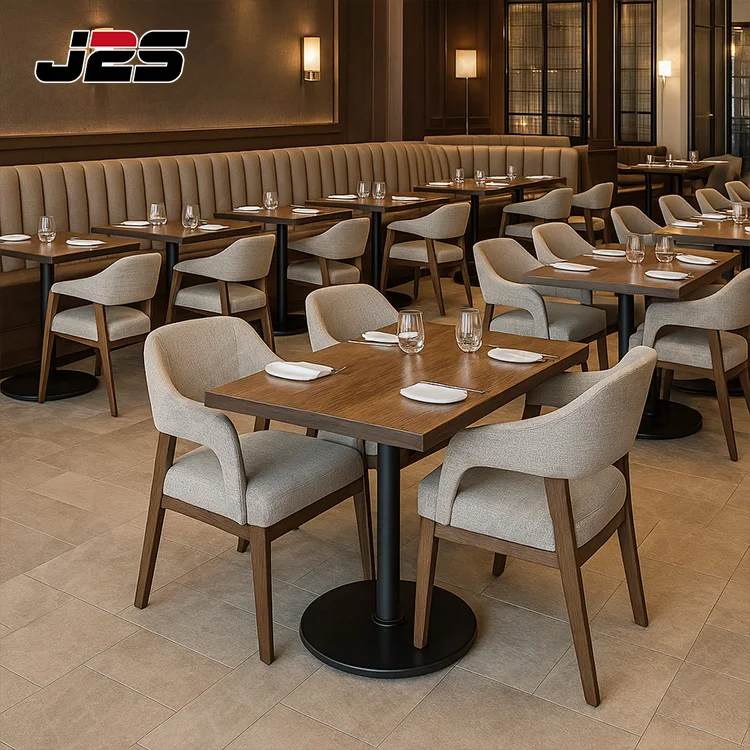 

Luxury Upholstered Restaurant Chair Sets with Curved Armrest and Solid Wood Frame for Commercial Coffee Shop Furniture Projects