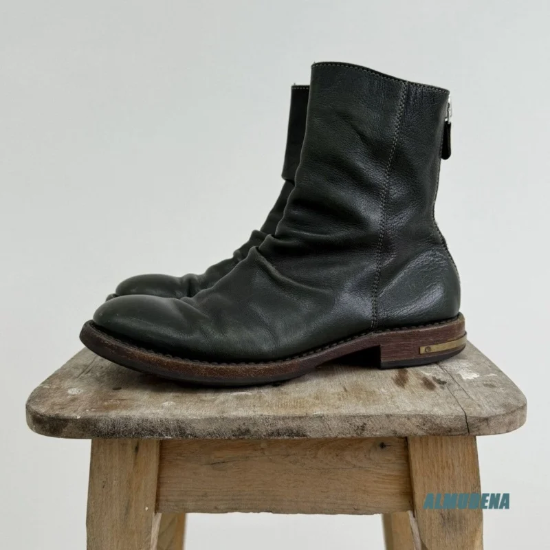

Black Soft Wrinkled Leather Ankle Boots for Men Round Toe Back Zipper Low Heel Vintage Casual Streetwear Shoes