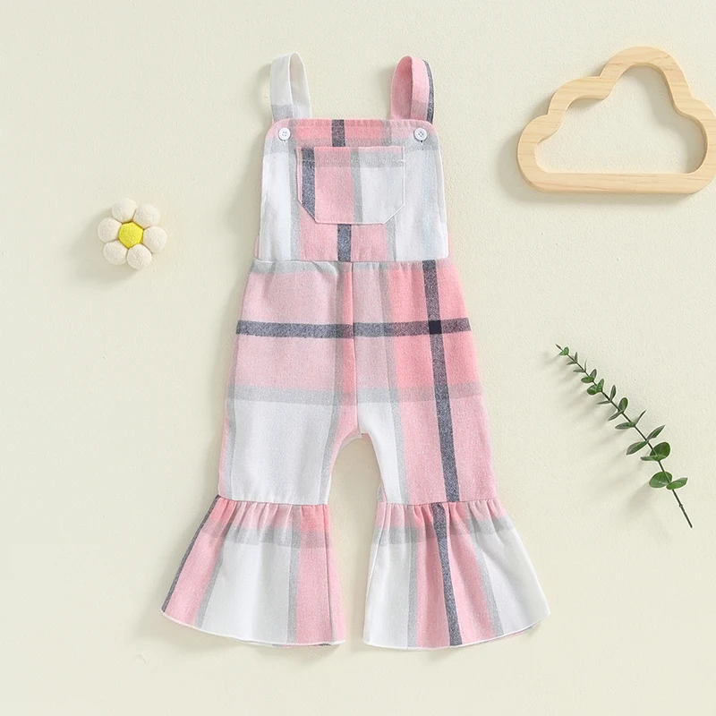 Baby Girl Clothes Toddler Plaid Bell Bottoms Romper Strap Jumpsuit Overalls Suspender Flare Pants  Outfit