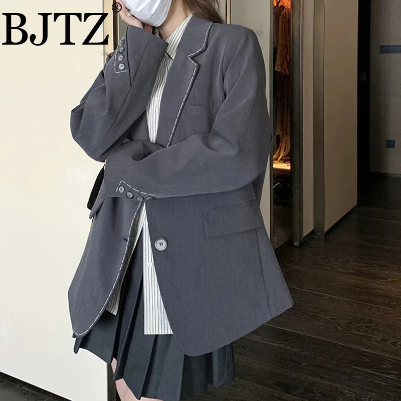 

BJTZ Loose Versatile Casual Women's Blazer Jacket 2025 Spring Autumn New Long Sleeve Gray Fashion Office Lady Overcoat