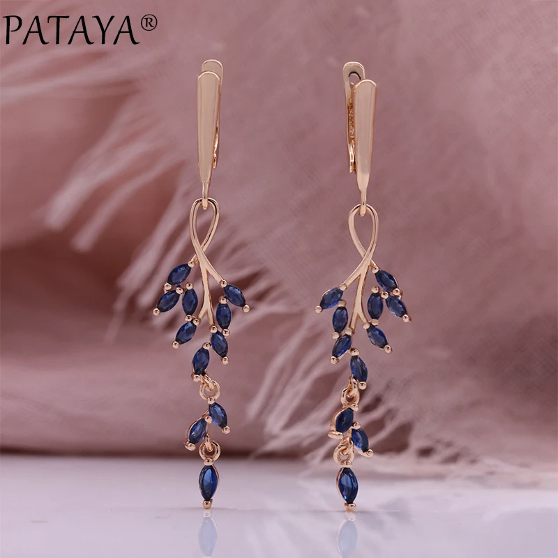 PATAYA Hot Long Leaf Drop Earrings for Women 585 Rose Gold Color With Shiny Blue Natural Zircon Accessories Vintage Daily Fine