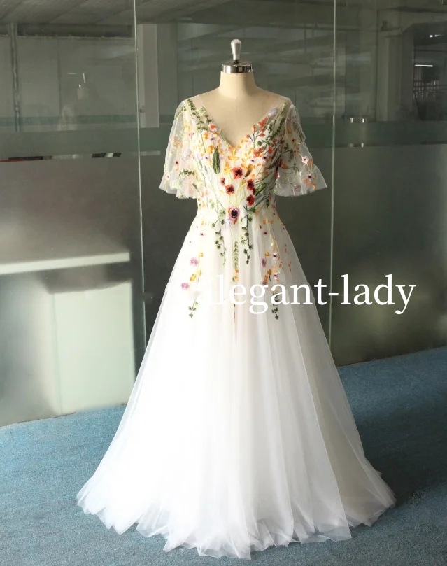 Vestido de novia de tul ilusión de una pieza, vestido de novia bohemio de playa con apliques florales 3D de fantasía, personalizado, 2025
