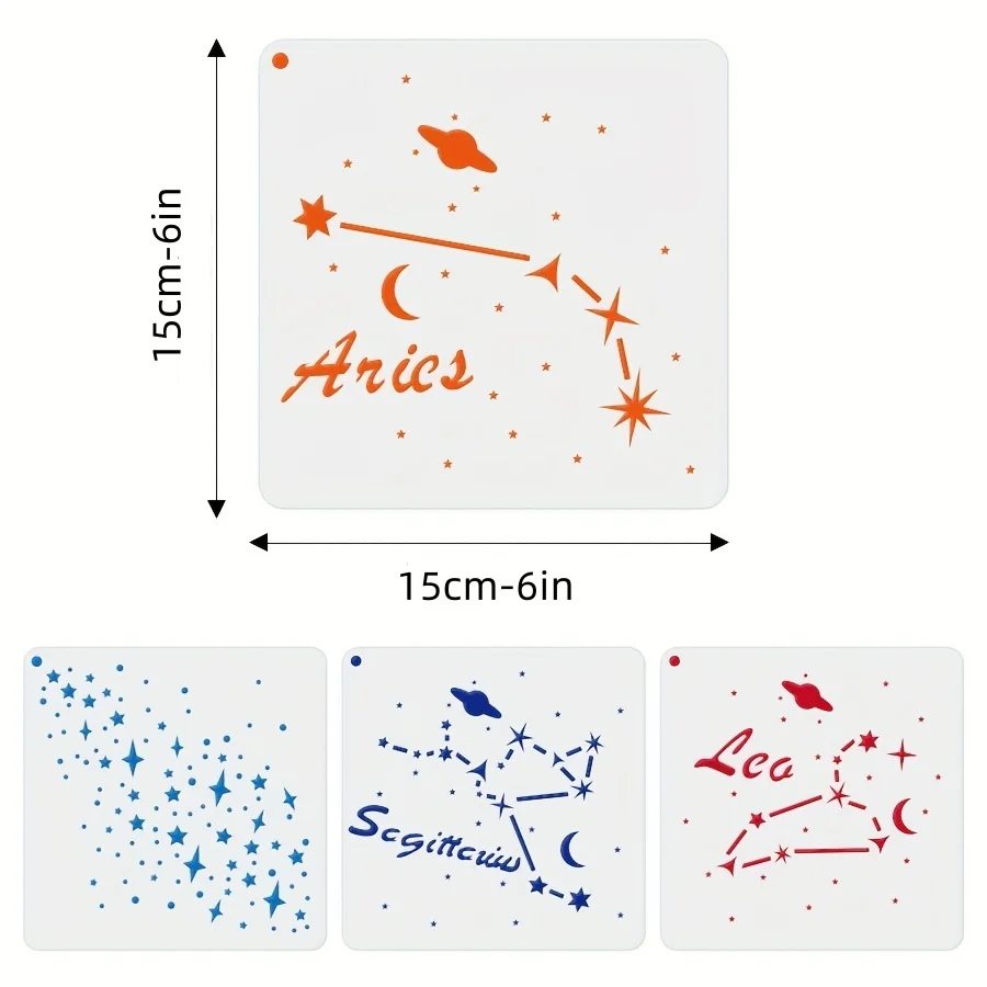 16 pezzi 5,9x5,9 pollici zodiacale costellazione stella stencil set per pittura fai da te journaling parete tessuto in legno modello artistico