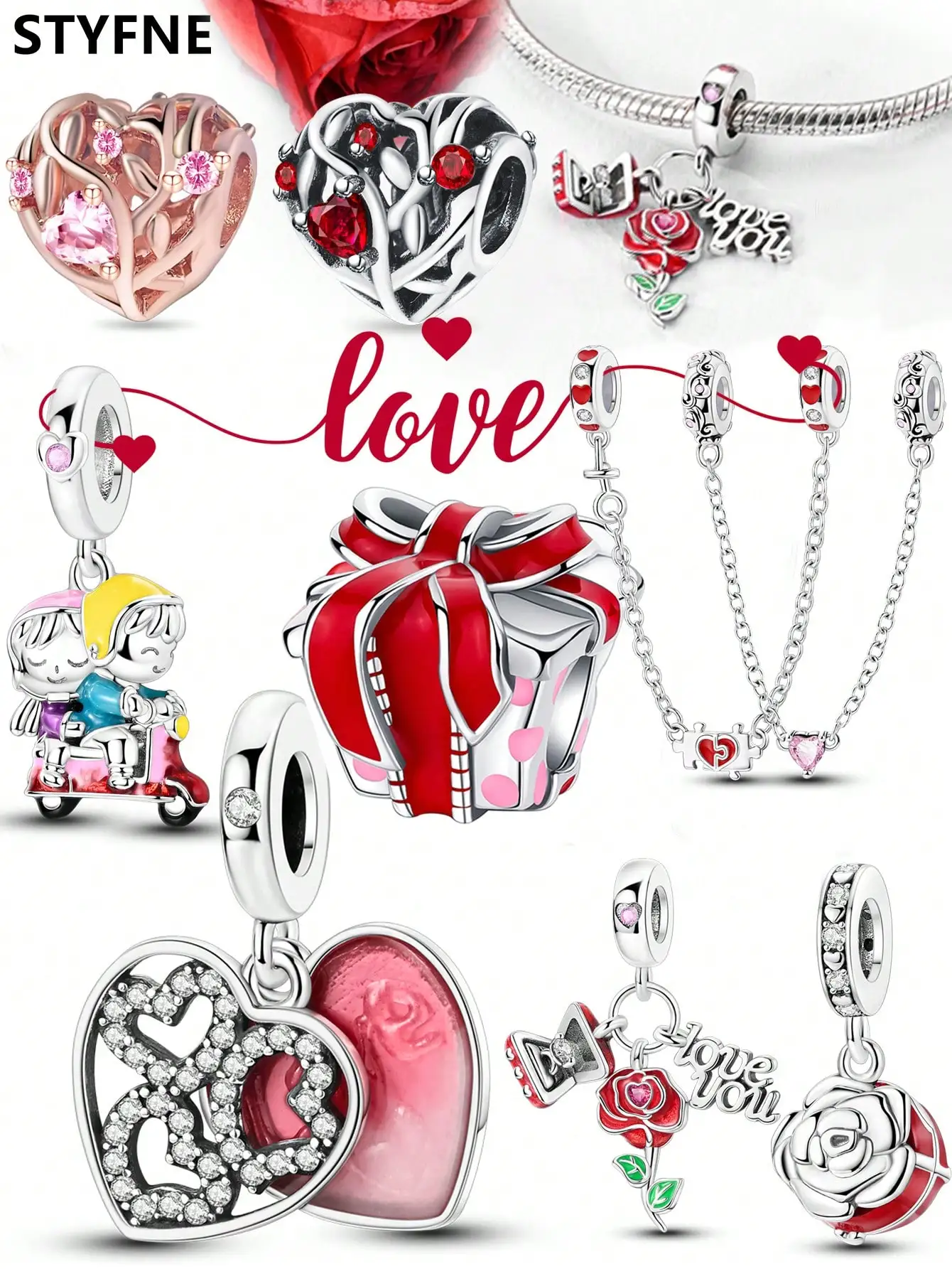 925er Silber vergoldet, Original-Charms, Valentinstag, rosa Herzperlen, passend für Armbänder, Damenschmuck, Geschenk