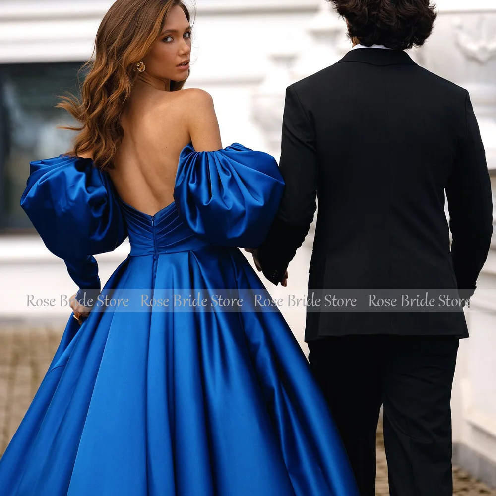 Dark Royal Blue Satin Prom Dress with Removable Sleeves A Line V Neck Evening Dresses for Women Side Slit Backless Prom Gowns